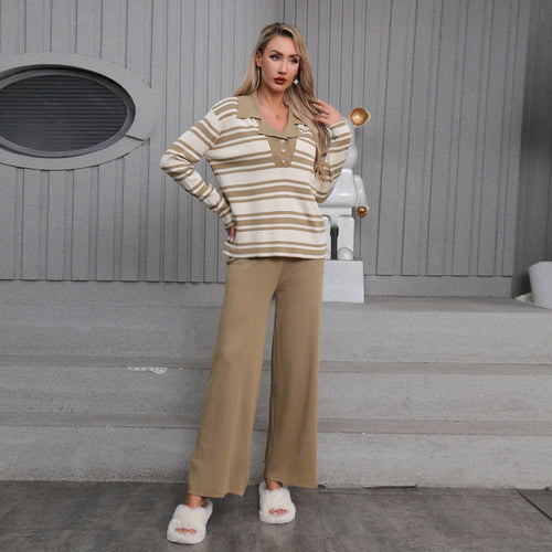 Damen elegantes Strick-Loungewear-Set mit einem modischen Kragen und weit geschnittenen Hosen Heidi-Mode