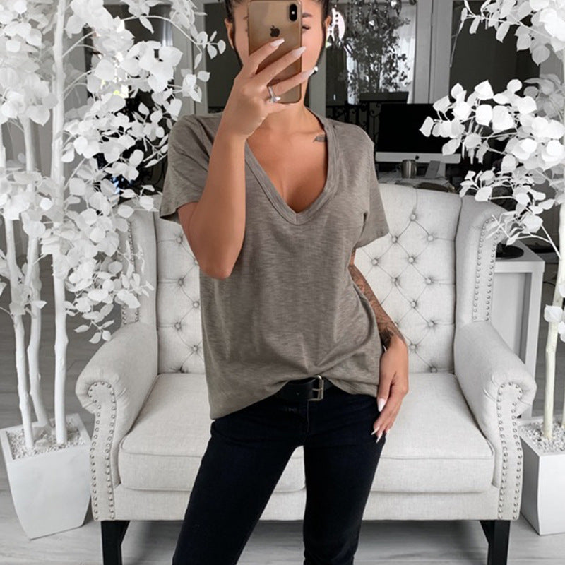 Damen lässiges V-Ausschnitt T-Shirt mit lockerer Passform Heidi-Mode