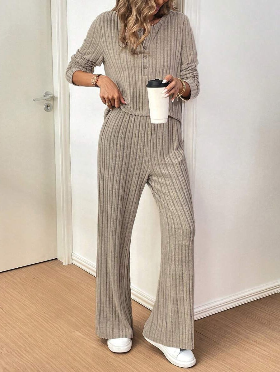 Damen Lässiges Lounge-Set mit strukturiertem Rippenmuster und Knopfdetail Heidi-Mode