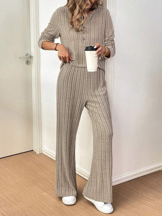 Damen Lässiges Lounge-Set mit strukturiertem Rippenmuster und Knopfdetail Heidi-Mode