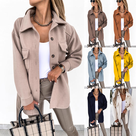 Damen Modische Overshirt-Jacke mit aufgesetzten Taschen und Knopfverschluss Heidi-Mode