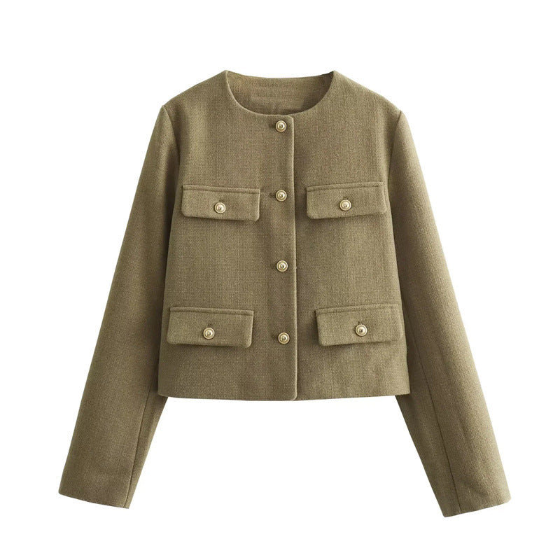 Damen Modische Kurzjacke mit dekorativen Knöpfen und praktischen Taschen Heidi-Mode