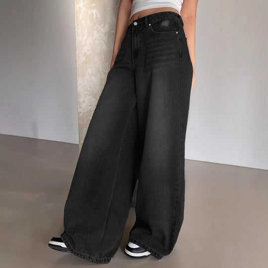 Damen Weite Denim-Hose mit hohem Bund und bequemer Passform Heidi-Mode