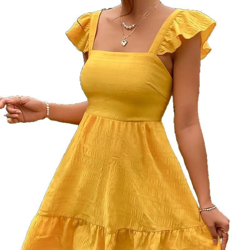 Damen luftiges Baumwollkleid mit Rüschendetails und offenen Rücken Heidi-Mode