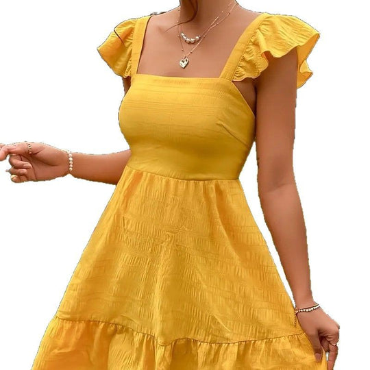 Damen luftiges Baumwollkleid mit Rüschendetails und offenen Rücken Heidi-Mode