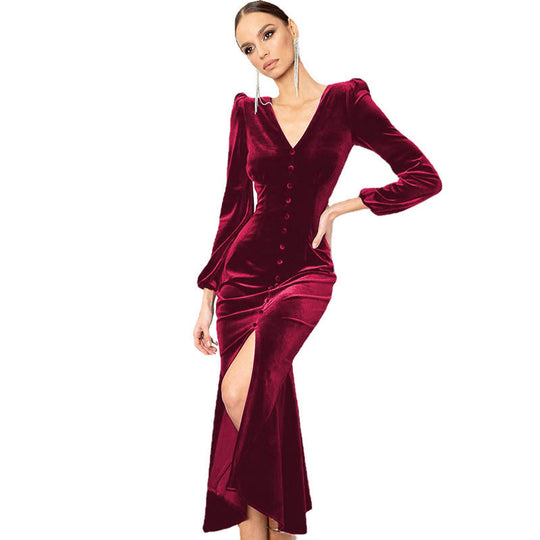 Damen Elegantes Samtkleid mit V-Ausschnitt und Puffärmeln Heidi-Mode