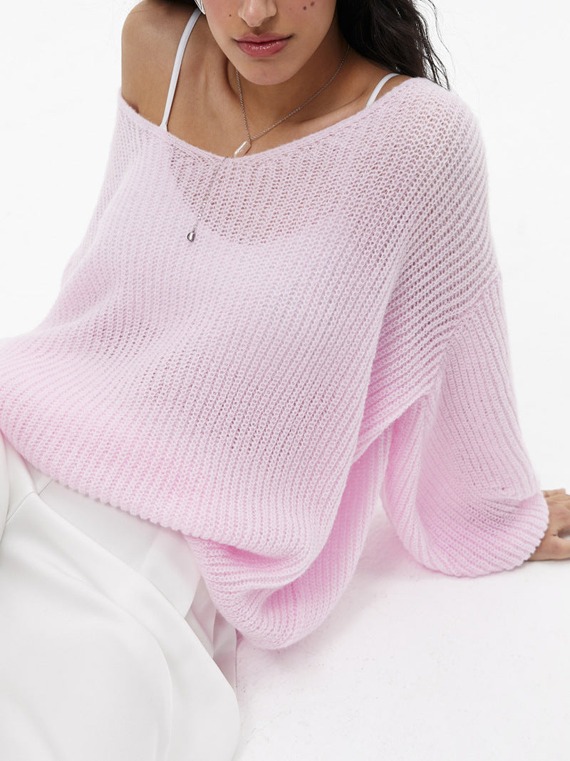 Damen lässiger Strickpullover mit weiten Ärmeln und tiefem V-Ausschnitt Heidi-Mode