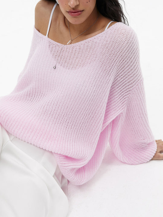 Damen lässiger Strickpullover mit weiten Ärmeln und tiefem V-Ausschnitt Heidi-Mode