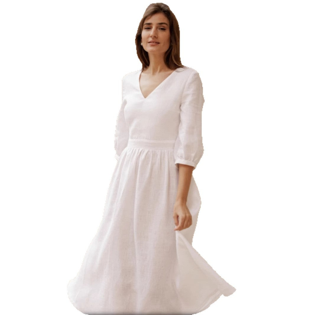 Damen Leinenkleid mit elegantem V-Ausschnitt und lockerem Schnitt Heidi-Mode