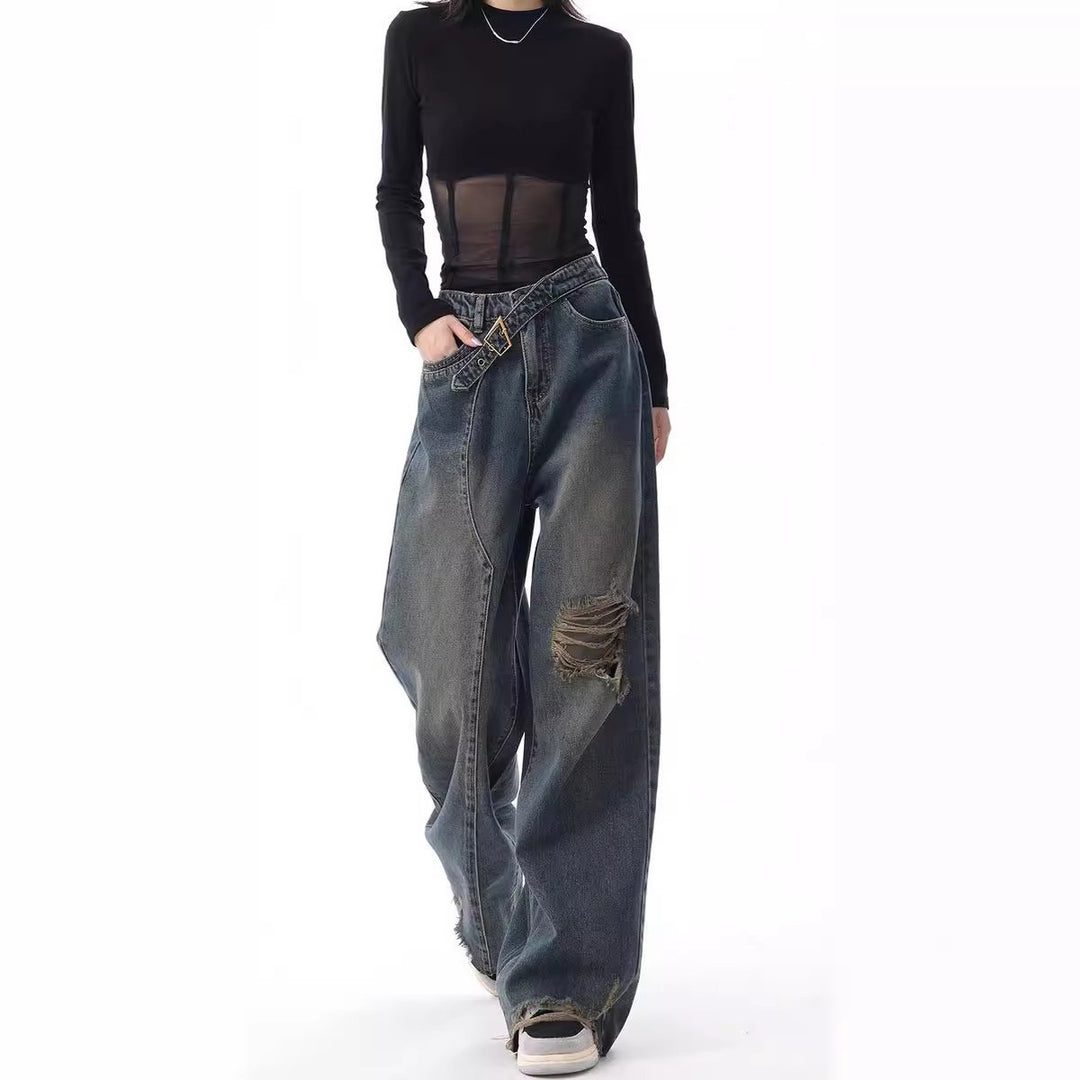 Damen Weite High-Waist Jeans im lässigen Used-Look mit modischen Rissen Heidi-Mode
