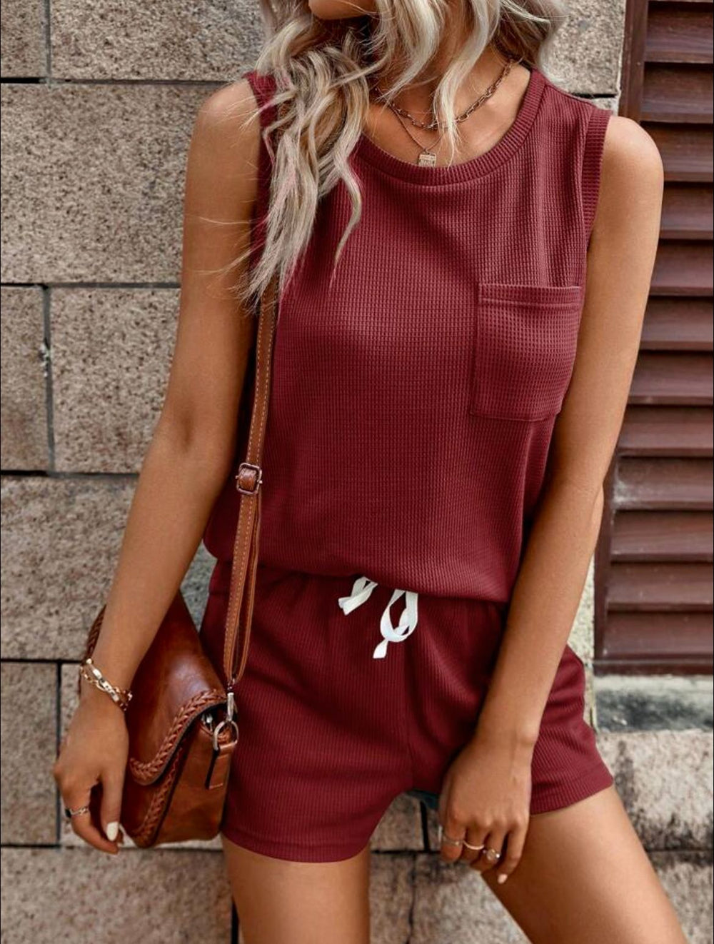 Damen lässiger Strick-Shorts-Anzug mit elastischem Bund Heidi-Mode