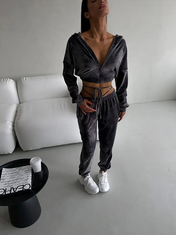 Damen Sportliches Fleece Lounge-Set mit Kapuze und elastischem Bund Heidi-Mode