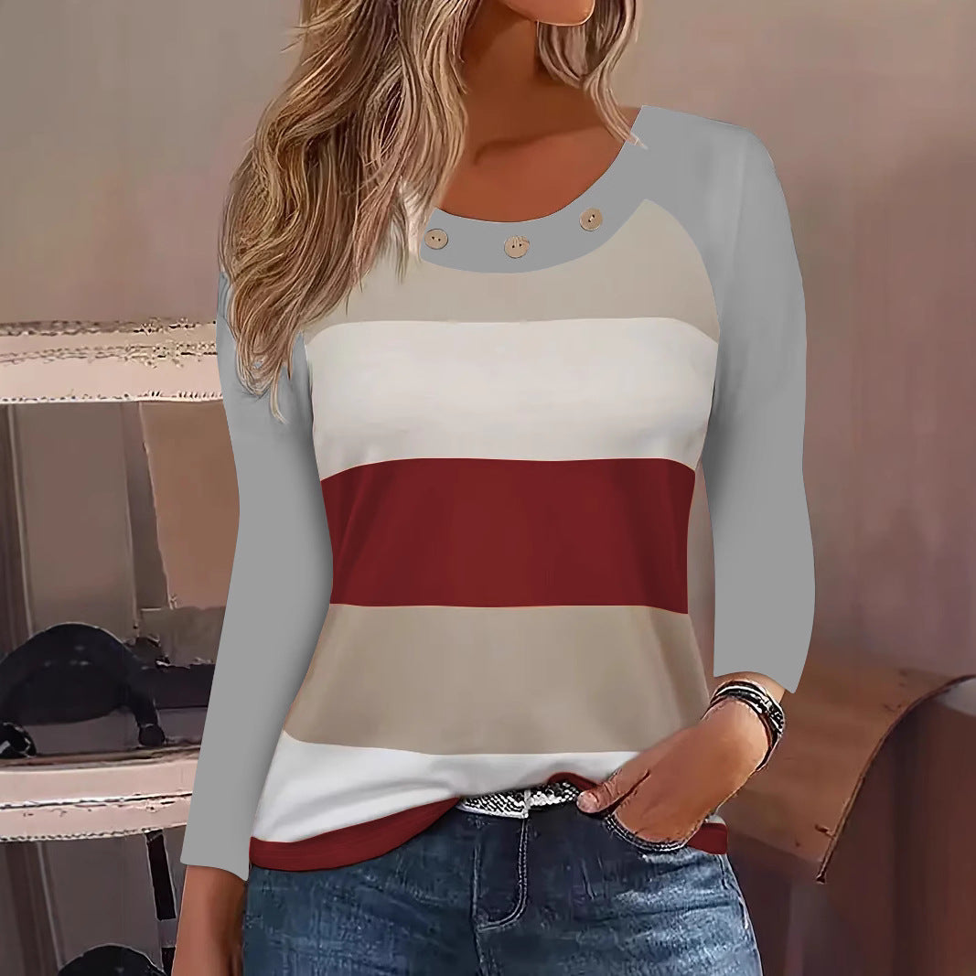 Damen Langarm T-Shirt mit modischem Streifenmuster und dekorativen Knöpfen Heidi-Mode