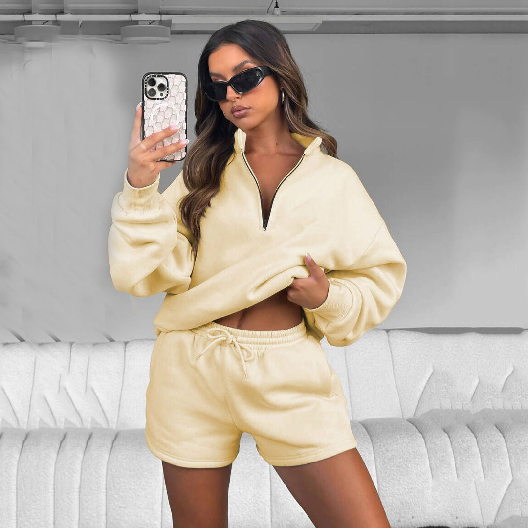 Damen lässiger Pullover mit halbhohem Kragen und Shorts Heidi-Mode