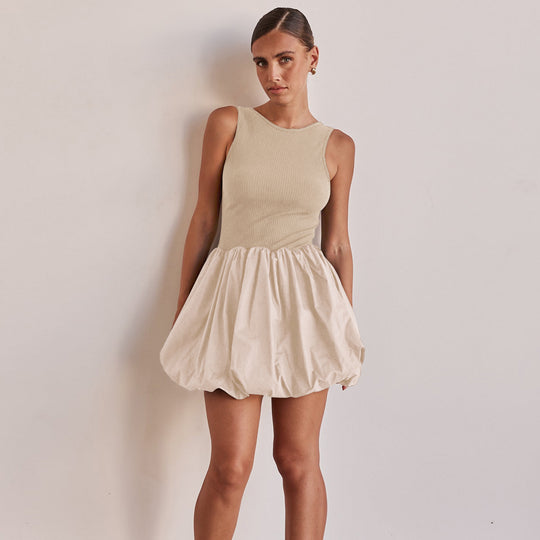 Damen trendiges Ballonkleid mit körperbetontem Oberteil und fließendem Rock Heidi-Mode
