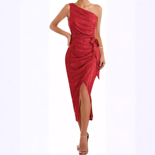 Damen asymmetrisches Abendkleid mit Pailletten und hohem Schlitz Heidi-Mode