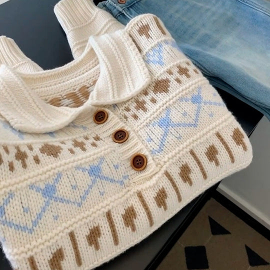 Damen Grobstrickpullover mit liebevollem Grafikumfang und romantischem Kragen Heidi-Mode