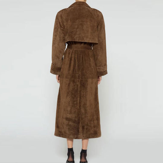 Damen Eleganter Wildleder-Trenchcoat mit tailliertem Schnitt und abnehmbaren Gürtel Heidi-Mode