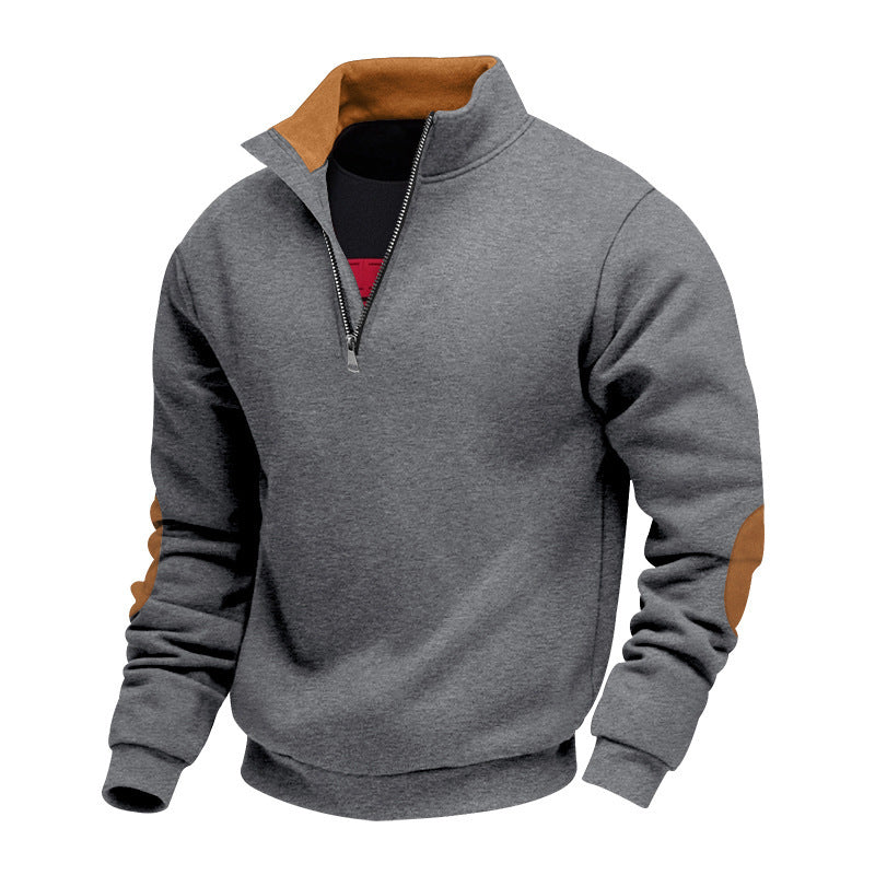 Herren Sportlicher Stehkragenpullover mit Reißverschluss und Lederakzenten Heidi-Mode