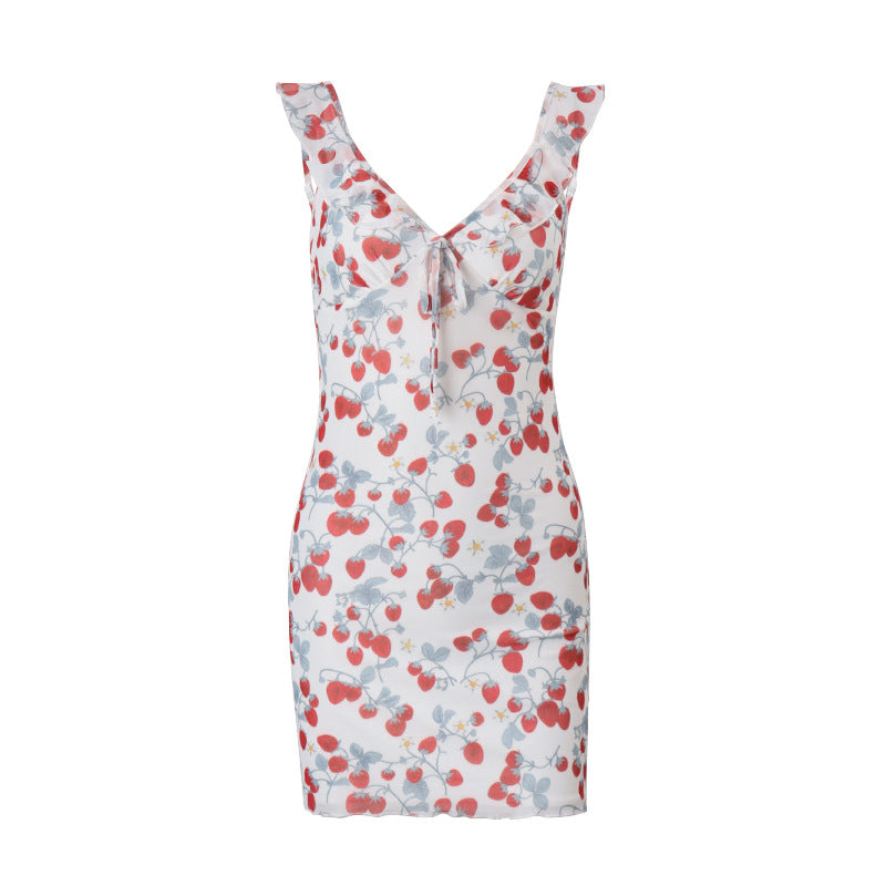 Damen Flirty Sommerkleid mit Rüschendetails und frischem Erdbeerprint Heidi-Mode