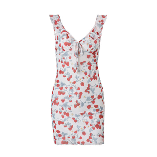 Damen Flirty Sommerkleid mit Rüschendetails und frischem Erdbeerprint Heidi-Mode