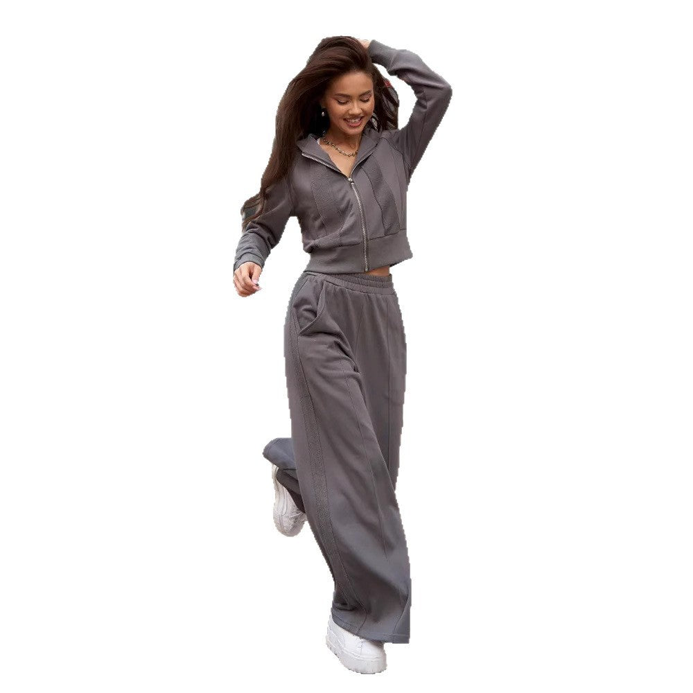 Damen sportliches Loungewear-Set mit Crop-Top und weicher Kapuzenjacke Heidi-Mode