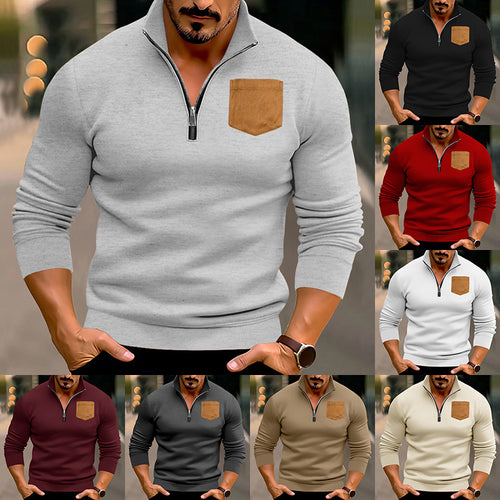 Herren sportlicher Pullover mit halbem Reißverschluss und kontrastierender Brusttasche Heidi-Mode