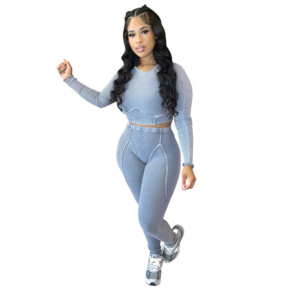 Damen Set aus cropped Oberteil und hoch taillierten Leggings mit strukturiertem Design Heidi-Mode