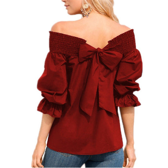 Damen Off-Shoulder Bluse mit Puffärmeln und Schleifendetail Heidi-Mode