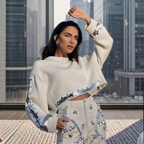 Damen modischer cropped Pullover mit Pailletten Heidi-Mode