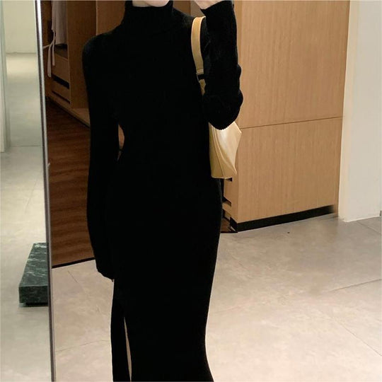 Femme Rippstrick Rollkragen Maxikleid mit elegantem Gürtel Heidi-Mode