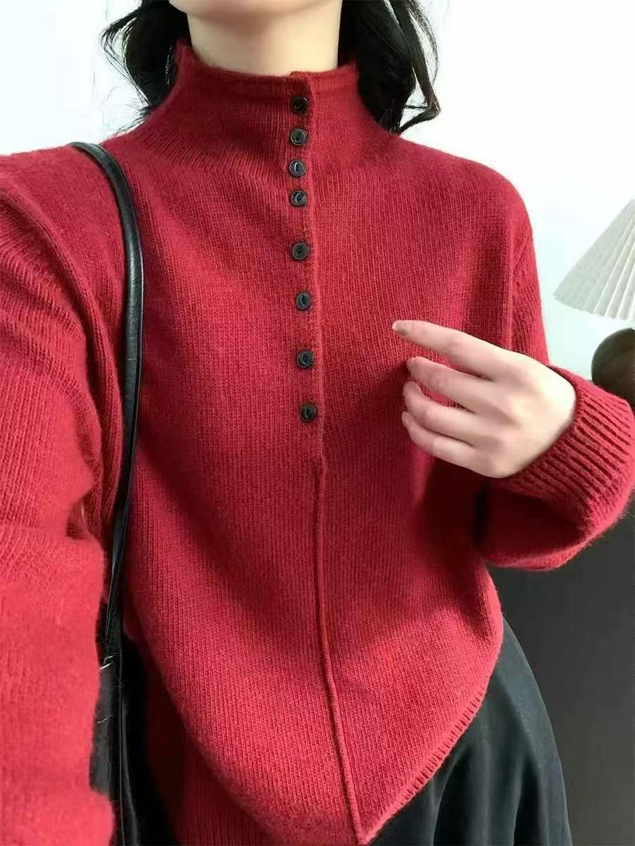 Damen Hochgeschlossener Strickpullover mit Knopfdetails Heidi-Mode