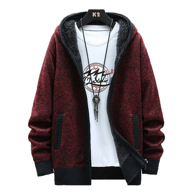 Herren Moderne Strickjacke mit Kapuze und schwarz-weißen Akzenten Heidi-Mode