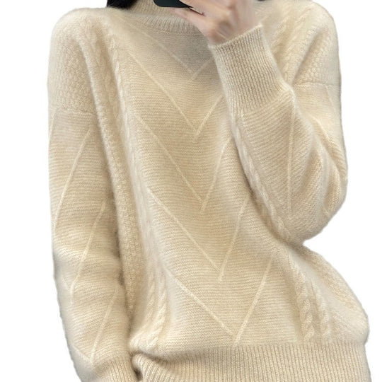 Damen Grobstrickpullover mit innovativem Zopfmuster und hohem Stehkragen Heidi-Mode
