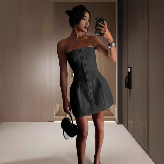Damen Bustier Minikleid mit Knopfleiste und strukturiertem Oberteil Heidi-Mode