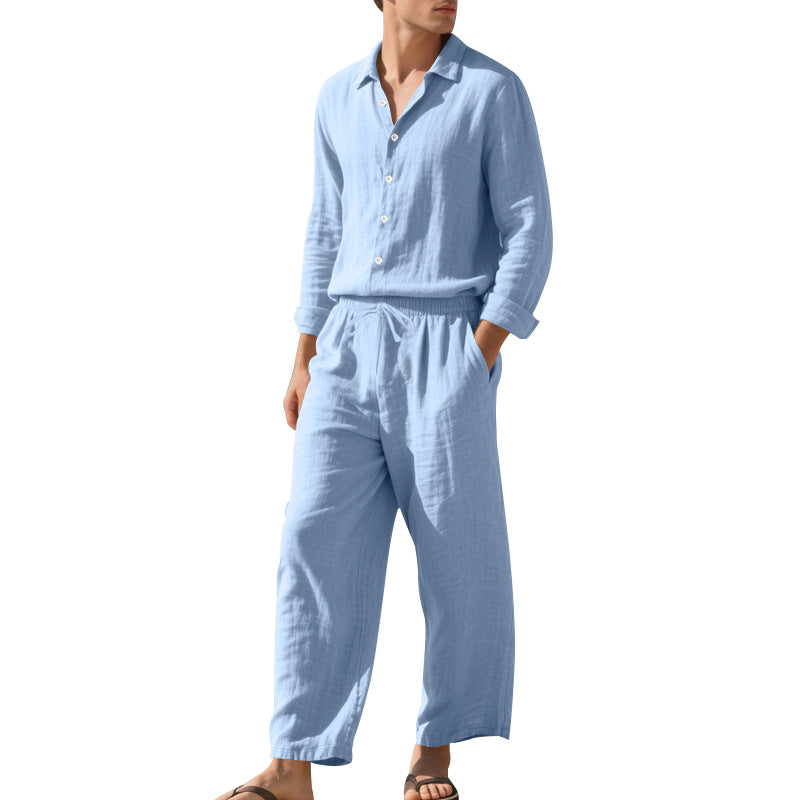 Herren Leinen-Loungeanzug mit elastischem Bund und praktischem Knopfdesign Heidi-Mode
