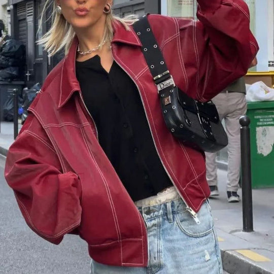 Damen Kunstlederjacke mit elastischen Bündchen und hochschließendem Kragen Heidi-Mode