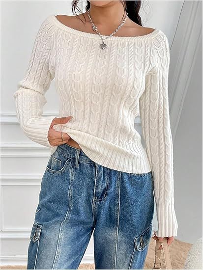 Damen Grobstrick Pullover mit offener Schulterpartie und Zopfmuster Heidi-Mode