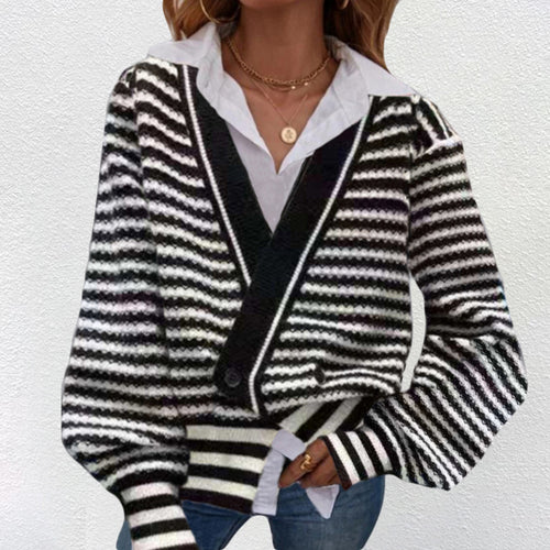 Damen Grobstrick Cardigan mit V-Ausschnitt und modernen Streifen Heidi-Mode