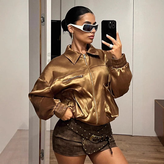 Damen Bomberjacke im glänzenden Satin-Look mit seitlichen Reißverschlusstaschen Heidi-Mode