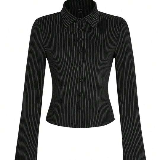 Damen Elegante Bluse mit schmalen Streifen und tailliertem Schnitt Heidi-Mode