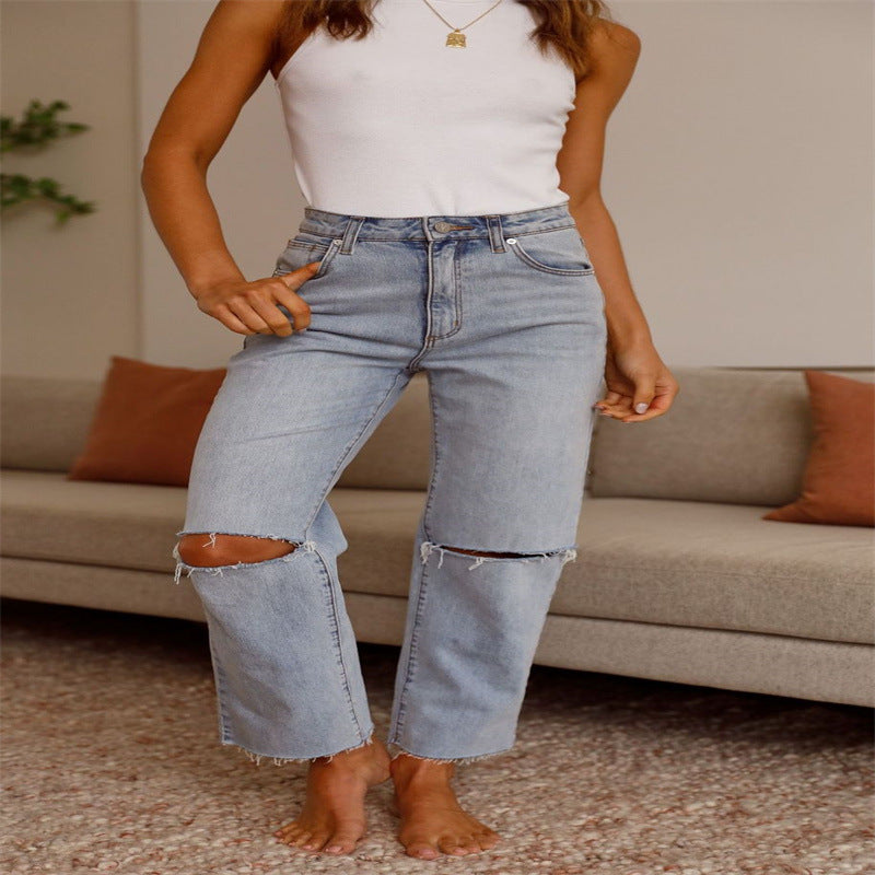 Damen Ripped Jeans im lässigen High-Waist-Schnitt mit fransigen Säumen Heidi-Mode
