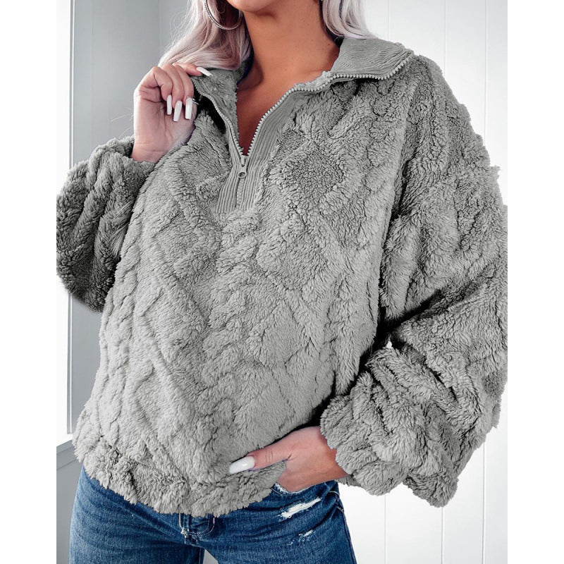 Damen Kuscheliger Fleece-Pullover mit hohem Kragen und Halb-Reißverschluss Heidi-Mode