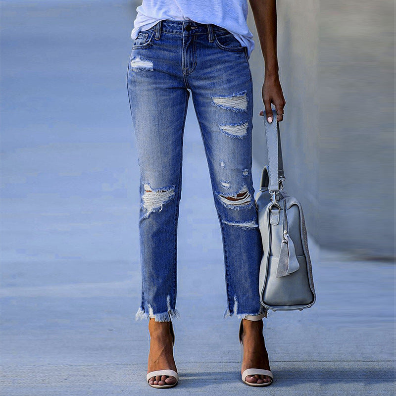 Damen Ripped High-Waist Jeans mit fransigem Saum und modischen Destroyed-Details Heidi-Mode