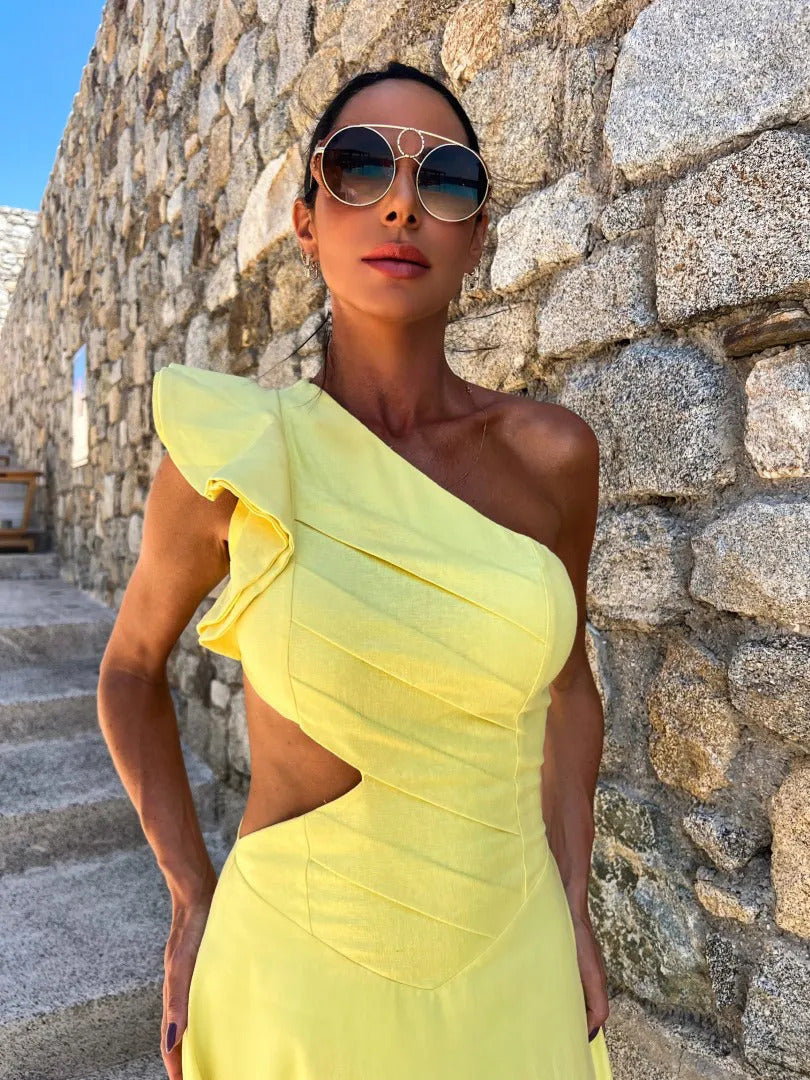 Damen Maxikleid mit asymmetrischem Design und verspieltem Rüschensaum Heidi-Mode