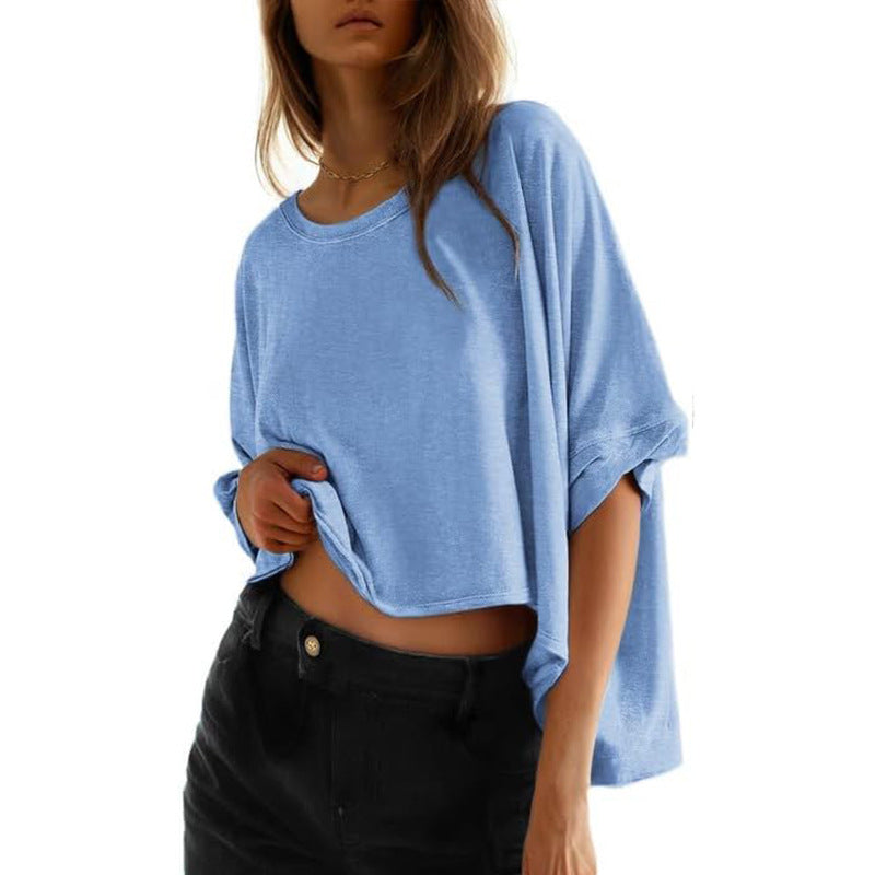 Damen lässiges cropped Oberteil mit weiten Ärmeln und Rundhalsausschnitt Heidi-Mode