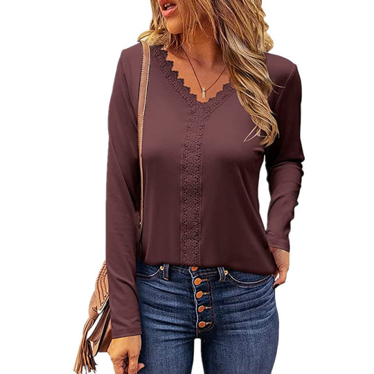 Damen elegantes V-Ausschnitt Longsleeve-Shirt mit Spitzenbesatz Heidi-Mode
