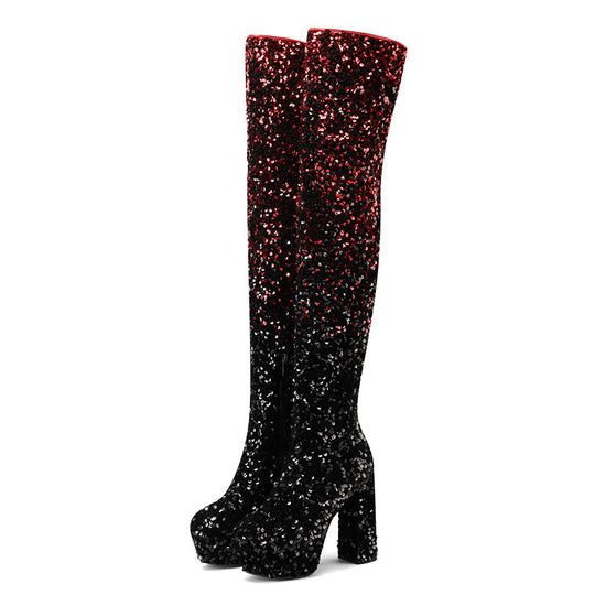Femme Hochglanz Glitzer Oberschenkelhohe Plateau Stiefel Heidi-Mode