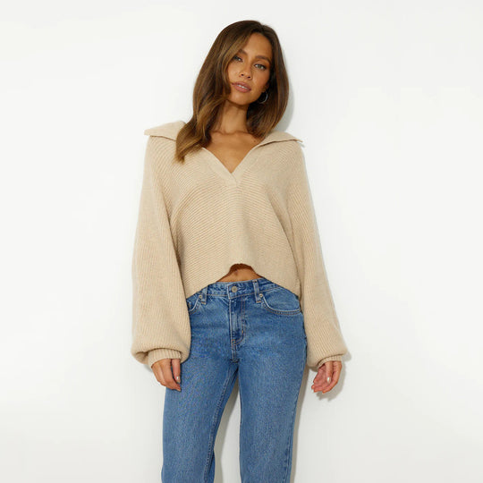 Damen oversized Strickpullover mit V-Ausschnitt und weitem Schnitt Heidi-Mode