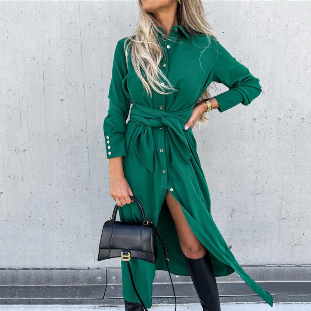 Damen Lange Hemdbluse mit Bindegürtel und elegantem Material Heidi-Mode